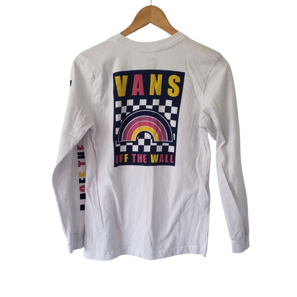 Vans White Long Sleeve Tee with Checker Graphic. 100% Cotton. Small Skater